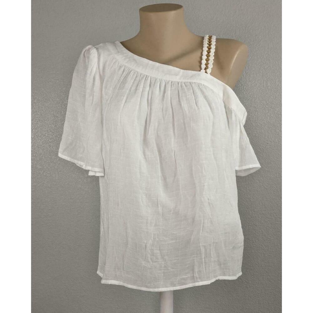 Palette Gauze Blouse One Shoulder Neckline Cutout Strap Top White Blouse Career